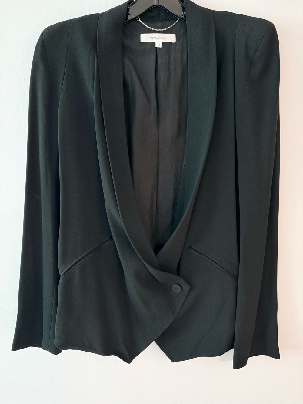 Vanessa Bruno Black Draped Shawl Collar Blazer Power Shoulder Padded FR 42 L